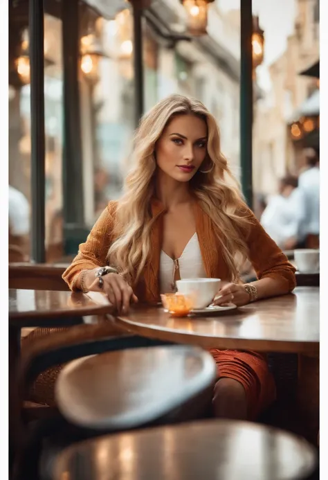 Pretty woman in a café sitting on a blonde table and long hair