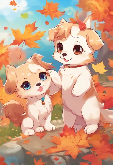 Two super cute blue-eyed puppies playing, Maple Red,, Beautiful scenery, Autumn, Red maple flying, a picture