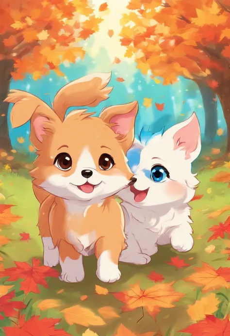 Two super cute blue-eyed puppies playing, Maple Red,, Beautiful scenery, Autumn, Red maple flying, a picture