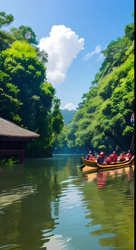 dragon boat festival, on the surface of the water there are 3 children using Hanfu paddling on the dragon boat, There are delicious zongzi on the boat, Zongzi Greens are super detailed, a melhor qualidade, there are lotus leaves in the water, super detalha...