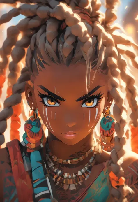 "(best quality,ultra-detailed),Ebony skin,Ebony skinned female:1.1,beautiful detailed eyes,beautiful detailed lips,white dreadlocks,thicc,tribal warrior outfit,not too strong looking,confident posture,exotic background,sharp focus,vivid colors"