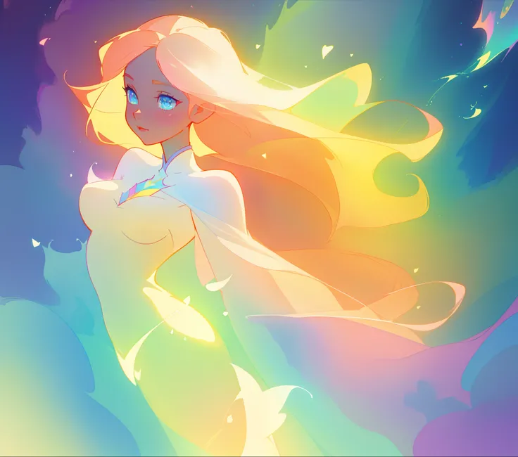 beautiful girl, flowing white gown, vibrant pastel colors, (colorful), magical lights, long flowing golden hair, inspired by Glen Keane, inspired by Lois van Baarle, disney art style, by Lois van Baarle, glowing aura around her, by Glen Keane, jen bartel, ...