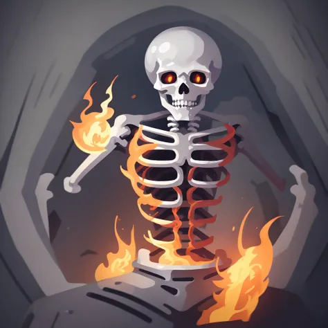 Skeleton with flames coming out of its eyes