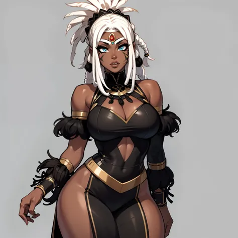 "(best quality,ultra-detailed),Ebony skin,Ebony skinned female:1.1,beautiful detailed eyes,beautiful detailed lips,white dreadlocks,thicc,tribal warrior outfit,not too strong looking,confident posture,exotic background,sharp focus,vivid colors"