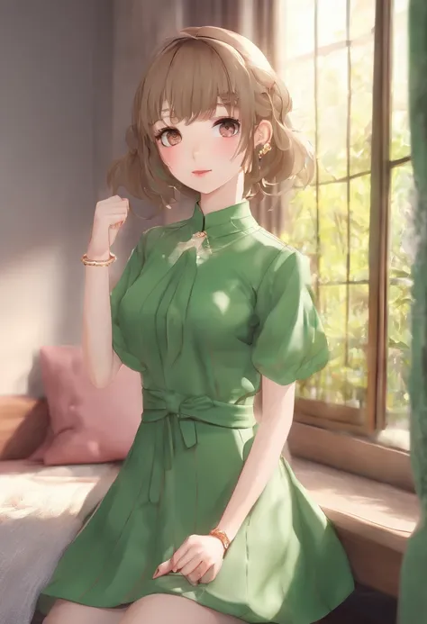 anime girl in green dress standing in front of a window, a character portrait by Kamisaka Sekka, pixiv, shin hanga, loli in dress, made with anime painter studio, painted in anime painter studio, in an anime style, marin kitagawa fanart, small curvy loli, ...