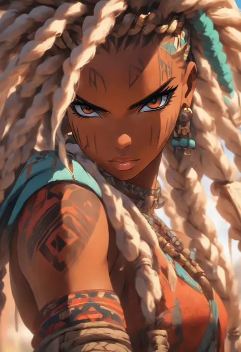 "(best quality,ultra-detailed),Ebony skin,Ebony skinned female:1.1,beautiful detailed eyes,beautiful detailed lips,white dreadlocks,thicc,tribal warrior outfit,not too strong looking,confident posture,exotic background,sharp focus,vivid colors" full body