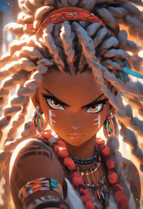 "(best quality,ultra-detailed),Ebony skin,Ebony skinned female:1.1,beautiful detailed eyes,beautiful detailed lips,white dreadlocks,thicc,tribal warrior outfit,not too strong looking,confident posture,exotic background,sharp focus,vivid colors" full body