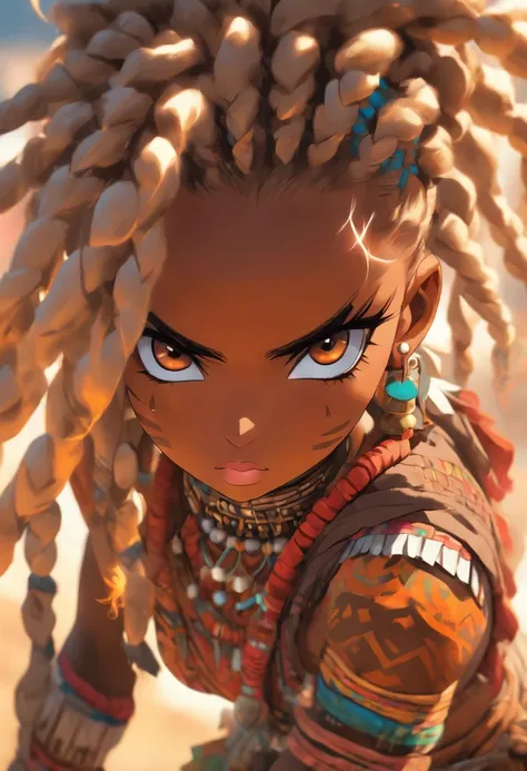 "(best quality,ultra-detailed),Ebony skin,Ebony skinned female:1.1,beautiful detailed eyes,beautiful detailed lips,white dreadlocks,thicc,tribal warrior outfit,not too strong looking,confident posture,exotic background,sharp focus,vivid colors" full body