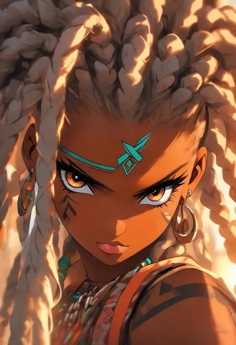 "(best quality,ultra-detailed),Ebony skin,Ebony skinned female:1.1,beautiful detailed eyes,beautiful detailed lips,white dreadlocks,thicc,tribal warrior outfit,not too strong looking,confident posture,exotic background,sharp focus,vivid colors"