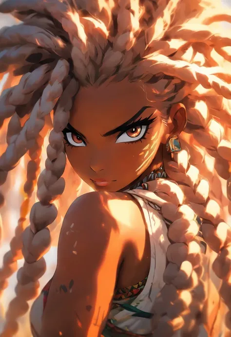 "(best quality,ultra-detailed),Ebony skin,Ebony skinned female:1.1,beautiful detailed eyes,beautiful detailed lips,white dreadlocks,thicc,tribal warrior outfit,not too strong looking,confident posture,exotic background,sharp focus,vivid colors"