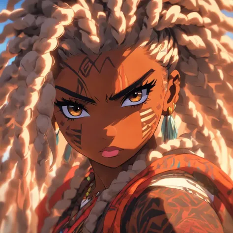 "(best quality,ultra-detailed),Ebony skin,Ebony skinned female:1.1,beautiful detailed eyes,beautiful detailed lips,white dreadlocks,thicc,tribal warrior outfit,not too strong looking,confident posture,exotic background,sharp focus,vivid colors"