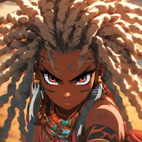 "(best quality,ultra-detailed),Ebony skin,Ebony skinned female:1.1,beautiful detailed eyes,beautiful detailed lips,white dreadlocks,thicc,tribal warrior outfit,not too strong looking,confident posture,exotic background,sharp focus,vivid colors"