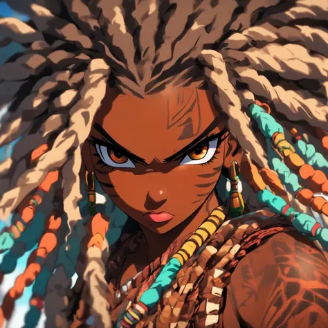 "(best quality,ultra-detailed),Ebony skin,Ebony skinned female:1.1,beautiful detailed eyes,beautiful detailed lips,white dreadlocks,thicc,tribal warrior outfit,not too strong looking,confident posture,exotic background,sharp focus,vivid colors"