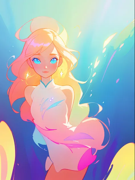 beautiful girl, flowing white dress, vibrant pastel colors, (colorful), magical lights, long flowing golden hair, inspired by Glen Keane, inspired by Lois van Baarle, disney art style, by Lois van Baarle, glowing aura around her, by Glen Keane, jen bartel,...