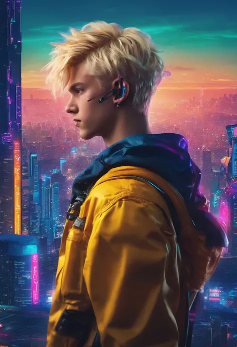 Blonde boy with blue eyes, against the background of the World of Tomorrow, Driven by Artificial Intelligence, in a very realistic 8K photo