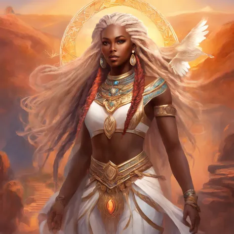 "(best quality,ultra-detailed),Ebony skin,Ebony skinned female:1.1,beautiful detailed eyes,beautiful detailed lips,white dreadlocks,thicc,tribal warrior outfit,not too strong looking,confident posture,exotic background,sharp focus,vivid colors" white dread...