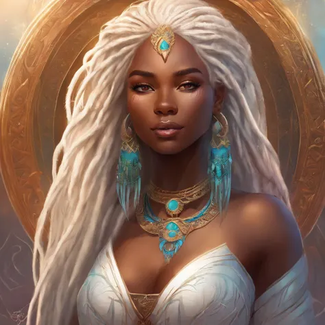 "(best quality,ultra-detailed),Ebony skin,Ebony skinned female:1.1,beautiful detailed eyes,beautiful detailed lips,white dreadlocks,thicc,tribal warrior outfit,not too strong looking,confident posture,exotic background,sharp focus,vivid colors" white dread...