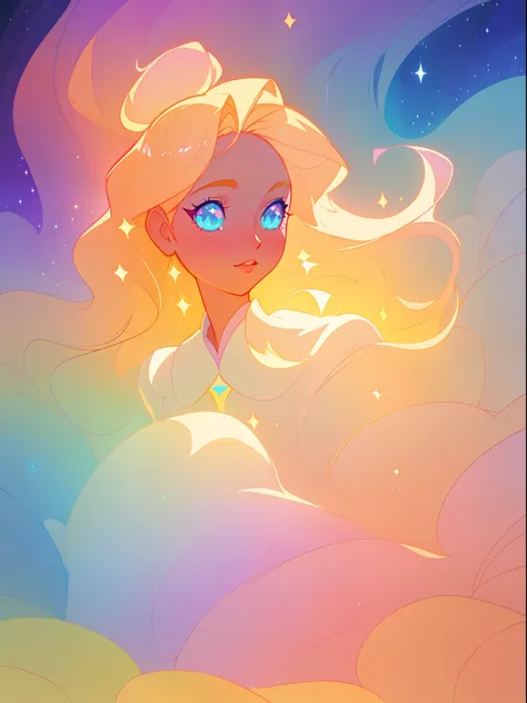 beautiful girl in white tiered layered ballgown, vibrant pastel colors, (colorful), magical lights, golden long wavy hair, sparkling lines of light, inspired by Glen Keane, inspired by Lois van Baarle, disney art style, by Lois van Baarle, glowing aura aro...