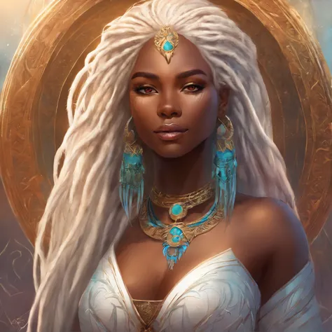 "(best quality,ultra-detailed),Ebony skin,Ebony skinned female:1.1,beautiful detailed eyes,beautiful detailed lips,white dreadlocks,thicc,tribal warrior outfit,not too strong looking,confident posture,exotic background,sharp focus,vivid colors" white dread...