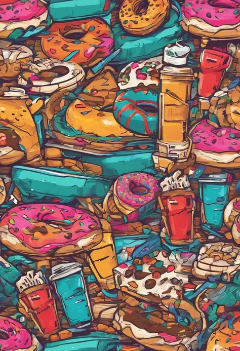 Joystick, coffee cup, donuts, pizza, gamer elements
Tags: joystick, coffee cup, donuts, pizza, gamer elements, colorful artwork, retro style, vibrant colors, detailed illustration, delicious food, gaming accessories, fun and interactive scene, high-quality...