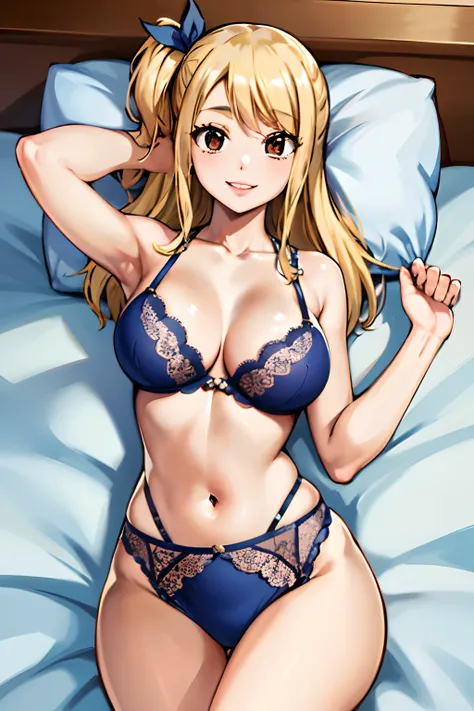 masterpiece, best quality, highres, lucy heartfilia, blonde hair, long hair, large breasts, sexy lingerie, laying, looking at viewer, in bed, smile,,