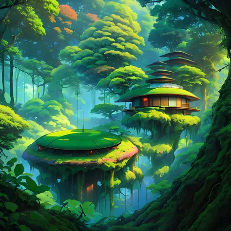 Arafeld Room，There is a round sofa and a table in the middle of the room, Inside the alien jungle, Tranquil lush forest, roofed forest, Futuristic setting, placed in a lush forest, Magical environment, Relaxing environment, japan lush forest, amidst of nat...