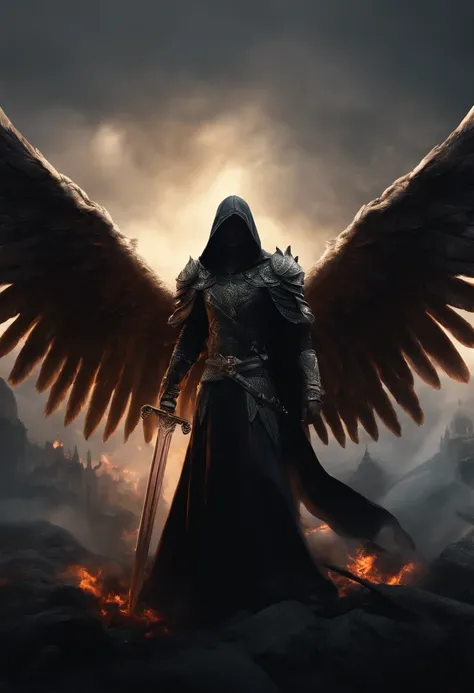 Realistic, 4K, Angels with big wings, Black clothes, one sword, Hood on head in war background image (chaos)