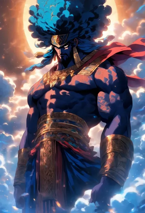 (((ANU))) best quality, ultra-high resolution, 4K detailed CG, masterpiece, Sumerian God,clouds, Sumerian clothing, Sumerian mythology, ((God of the Sky)), Sumerian image, aesthetic, centered on screen, standing pose, full body