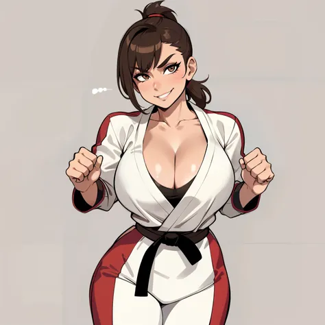 one female with short ponytail brown haircut, has brown eyes, wearing karate gi, alone, solo, (ALONE)(SOLO), showing cleavage, facing forward, looking at me, looking forward, smirk, looking casual, large chest