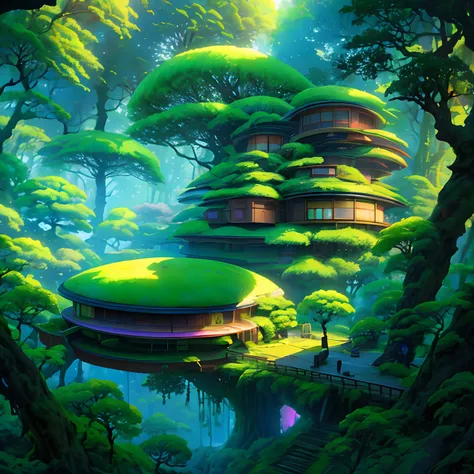 Arafeld Room，There is a round sofa and a table in the middle of the room, Inside the alien jungle, Tranquil lush forest, roofed forest, Futuristic setting, placed in a lush forest, Magical environment, Relaxing environment, japan lush forest, amidst of nat...