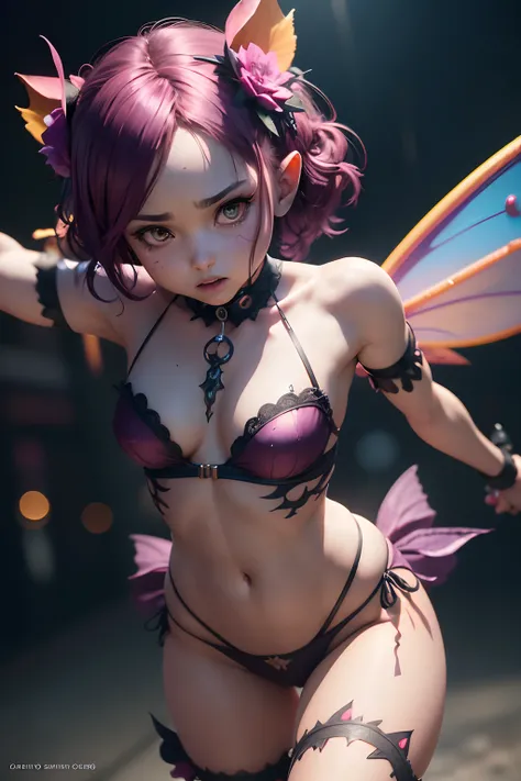 (extremely detailed CG octane render 8k wallpaper), photography by Annie Leibovitz, half rotten cute fairy-chibi-neco undead succubus, flowerpunk style, dynamic action angle, (((masterpiece action photo))), photorealistic, photorealism, film, studio lighti...