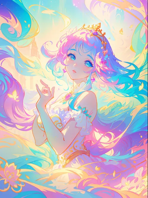 beautiful girl, puffy tiered princess ballgown, vibrant pastel colors, (colorful), magical lights, long flowing golden hair, inspired by Glen Keane, inspired by Lois van Baarle, disney art style, by Lois van Baarle, glowing aura around her, by Glen Keane, ...