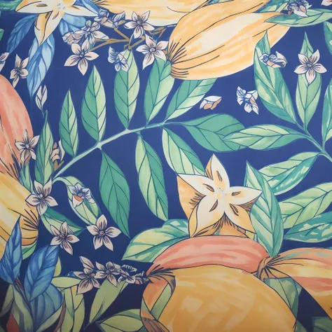 Theres a blue and yellow floral-print pillow with oranges and bananas, inspirado em Marianne North, inspirado em Gaugin, inspirado em William Morris, botanico, inspirado por Paul Ranson, inspired by Eugène Grasset, textile print, inspirado em Maksimilijan ...