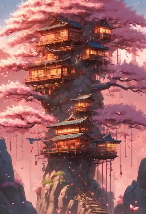 THE CHERRY BLOSSOM TREE HOUSE :: beautiful ornate treehouse in a gigantic pink cherry blossom tree :: on a high blue grey and brown cliff with light snow and pink cherry blossom trees :: Roger Deakins and Moebius and Alphonse Much and Guweiz :: Intricate d...