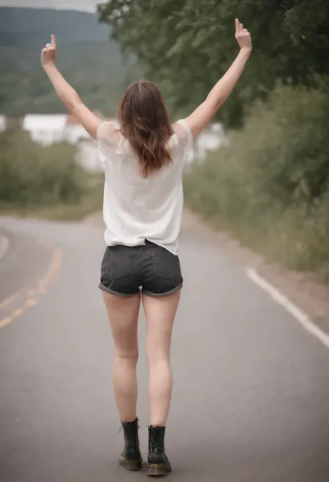 very detailed photo of beautiful woman, hands raised up, wearing small shorts and dr martens shoes, fast walking on the side of empty road, view from back, middle shot