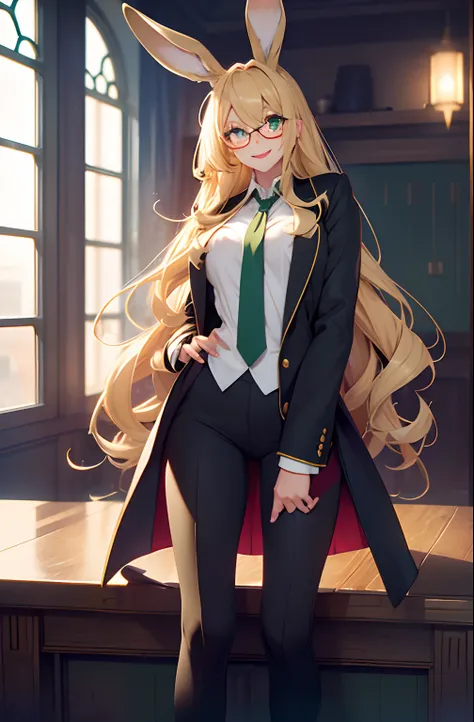 pretty girl, bunny ears, viera, long blonde hair, smiling face, light freckles, tall, green eyes, large iris, shirt and jacket and tie, black pants, eyeglasses, black eyeliner, upwards rabbit nose, hands behind back, red lipstick