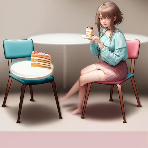 two chairs, both facing each other. In one of them, there is a cake with one less slice.
On the other chair, there is a girl in a short skirt sitting and eating a slice of cake.