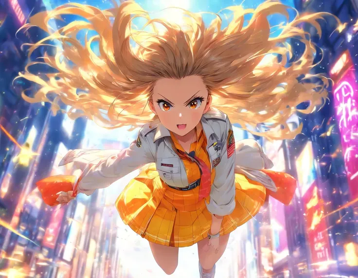 masterpiece, best quality,mayano topgun (umamusume),long sleeves, white shirt, plaid skirt, pleated skirt, yellow skirt, white belt, belt buckle, yellow vest, orange skirt,