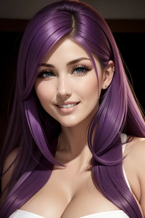 lucy pinder, face portrait, smiling, purple hair, Saori