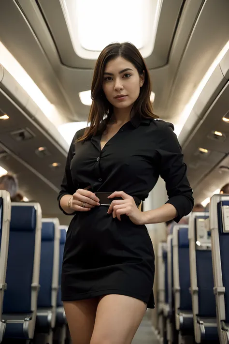 (1 Ultimate Beautiful Mature Woman), hyperdetailed face, Detailed lips, Detailed eyes, 二重まぶた, Black bob hair, (Stewardess uniform:1.2), (large full breasts), (thin-waist), (ssmile), thighs thighs thighs thighs, (Standing), Perfect fit, Perfect image realis...