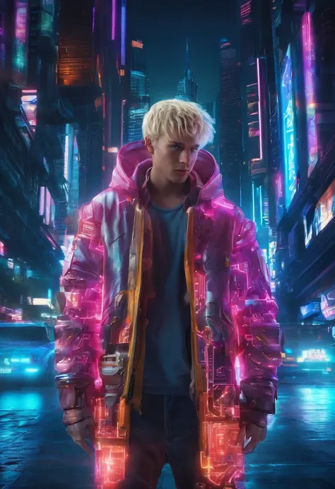 Face of Boy with blond hair and big blue eyes looking, Against the backdrop of the world of tomorrow, Driven by Artificial Intelligence, in a very realistic 8K photo