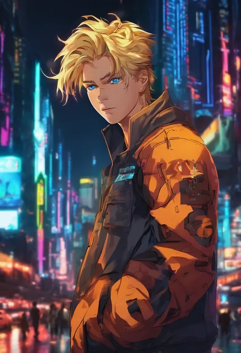 Face of a boy with blond hair and big blue eyes, against the background of the World of Tomorrow, Driven by Artificial Intelligence, in a very realistic 8K photo