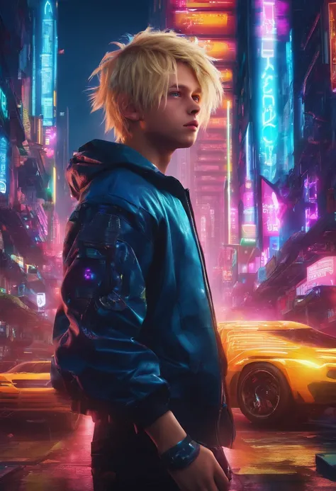 Face of a boy with blond hair and big blue eyes, Against the backdrop of the world of tomorrow, Driven by Artificial Intelligence, in a very realistic 8K photo