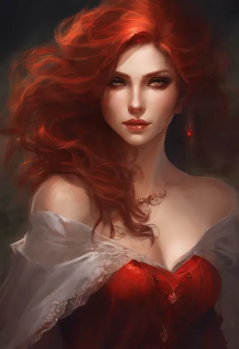 A vampire with (best quality,realistic) portrayal is depicted in this prompt. The vampire has long curly red hair and pale skin, giving her an ethereal appearance. She has piercing red and orange glowing eyes that add to her supernatural aura. The vampire ...