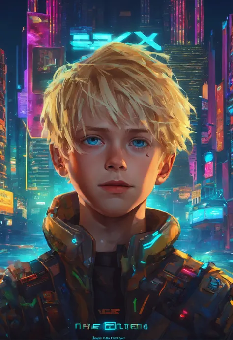 Face of a boy with blond hair and big blue eyes, against the background of the World of Tomorrow, Driven by Artificial Intelligence, in a very realistic 8K photo