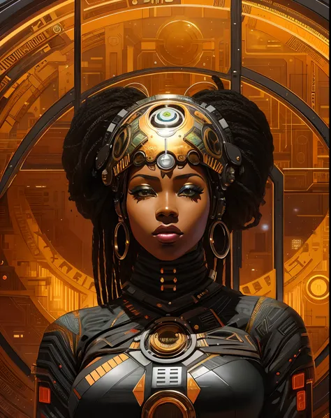 a close up of an ebony woman with a futuristic headpiece and a large clock, afrofuturism, greg beeple, afrofuturism style, afrofuturistic, rossdraws | afrofuturism, artgerm julie bell beeple, african cyberpunk wizards, afro futurism, african female android...