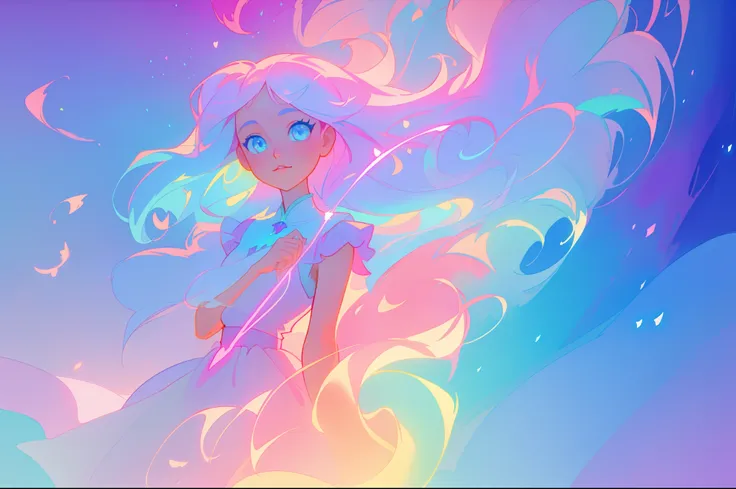 beautiful girl, vibrant pastel colors, vibrant pastel colors, flowing white dress(colorful), magical lights, long flowing colorful hair, inspired by Glen Keane, inspired by Lois van Baarle, disney art style, by Lois van Baarle, glowing aura around her, by ...