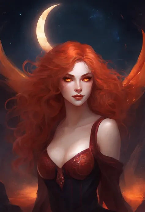 A cute vampire girl with Long curly red hair, vampire fangs, pale skin, big breasts, and red and orange glowing eyes. She is wearing a very short black skirt and a tight black t-shirt that shows off her cleavage. She isnt wearing a bra or panties. There is...