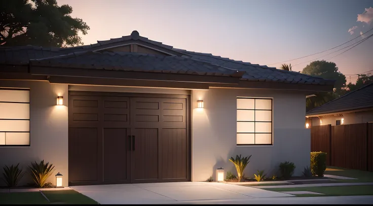 Southwest front view of a house, ((estilo modeno)), uma garagem, uma porta, uma janela, uma entrada concretada, um jardim, uma varanda na frente, night ligthning, Lumion Pro rendering, cinematic quality.