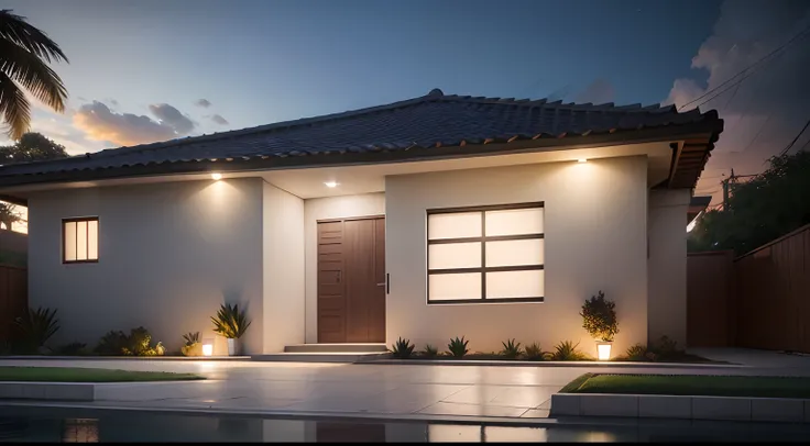 Southwest front view of a house, ((estilo modeno)), uma garagem, uma porta, uma janela, uma entrada concretada, um jardim, uma varanda na frente, night ligthning, Lumion Pro rendering, cinematic quality.